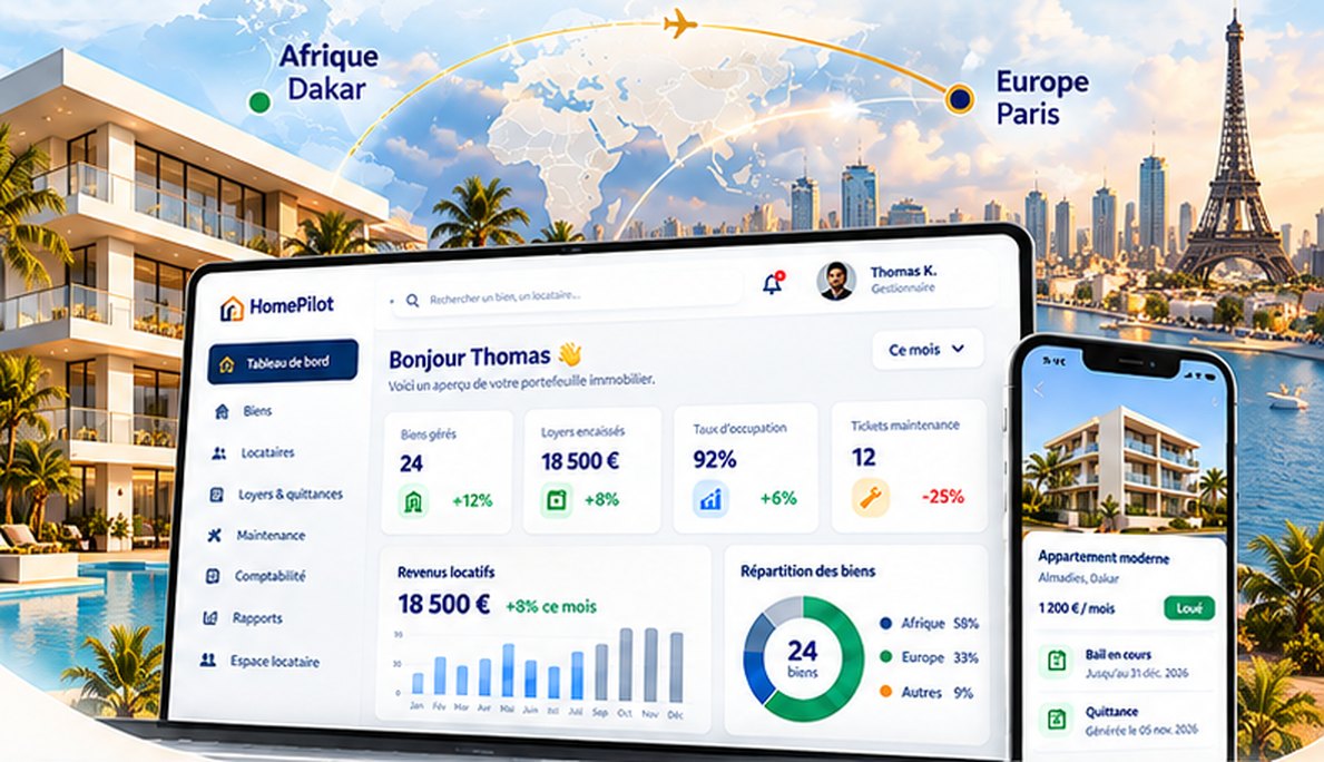 Résidence avec piscine, liaison Afrique – Europe et aperçu du tableau de bord HomePilot